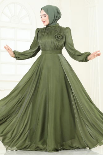 moda selvim SUAL Broş Detay Janjan Abiye 5107D170 Haki - Thumbnail