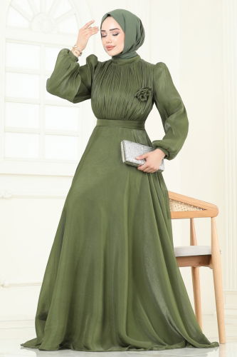 moda selvim SUAL Broş Detay Janjan Abiye 5107D170 Haki - Thumbnail