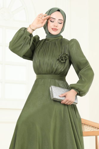 moda selvim SUAL Broş Detay Janjan Abiye 5107D170 Haki - Thumbnail
