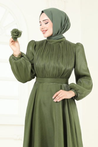 moda selvim SUAL Broş Detay Janjan Abiye 5107D170 Haki - Thumbnail