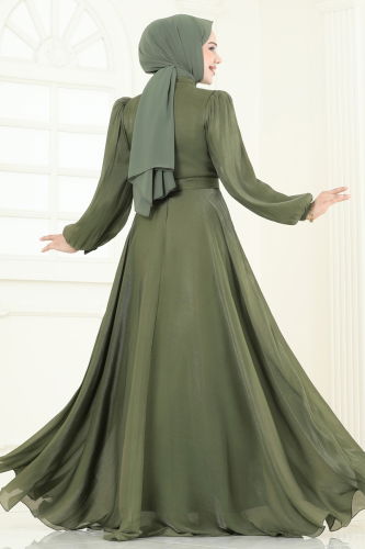 moda selvim SUAL Broş Detay Janjan Abiye 5107D170 Haki - Thumbnail
