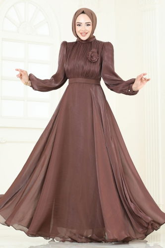 moda selvim SUAL Broş Detay Janjan Abiye 5107D170 Kahve - Thumbnail