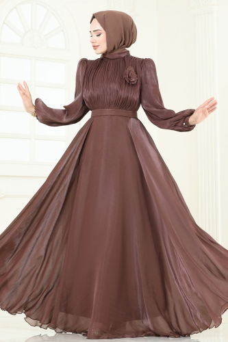 moda selvim SUAL Broş Detay Janjan Abiye 5107D170 Kahve - Thumbnail