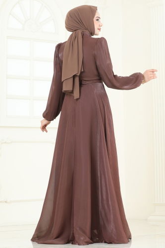 moda selvim SUAL Broş Detay Janjan Abiye 5107D170 Kahve - Thumbnail
