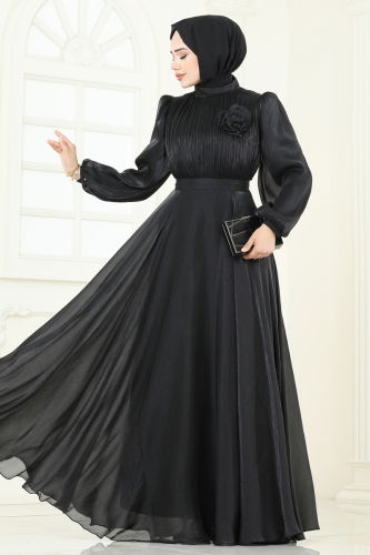 moda selvim SUAL Broş Detay Janjan Abiye 5107D170 Siyah - Thumbnail