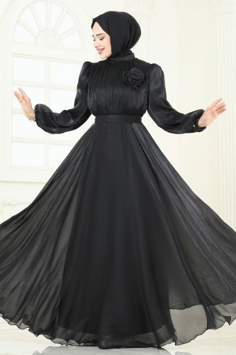moda selvim SUAL Broş Detay Janjan Abiye 5107D170 Siyah - Thumbnail