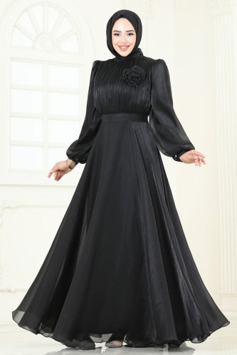 moda selvim SUAL Broş Detay Janjan Abiye 5107D170 Siyah - Thumbnail