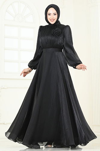 moda selvim SUAL Broş Detay Janjan Abiye 5107D170 Siyah - Thumbnail