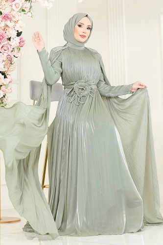 moda selvim SUAL Çiçek Aksesuarlı Organze Abiye 5433DMNK1166 Çağla - Thumbnail