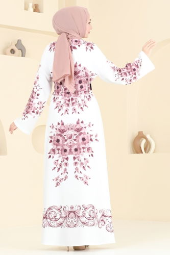 moda selvim SUAL Çiçek Desenli Abaya Elbise 42127JNF844 Gül Kurusu - Thumbnail