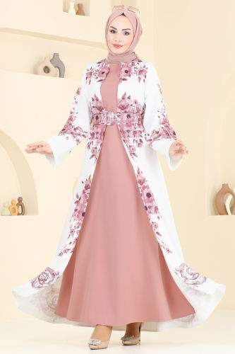 moda selvim SUAL Çiçek Desenli Abaya Elbise 42127JNF844 Gül Kurusu - Thumbnail