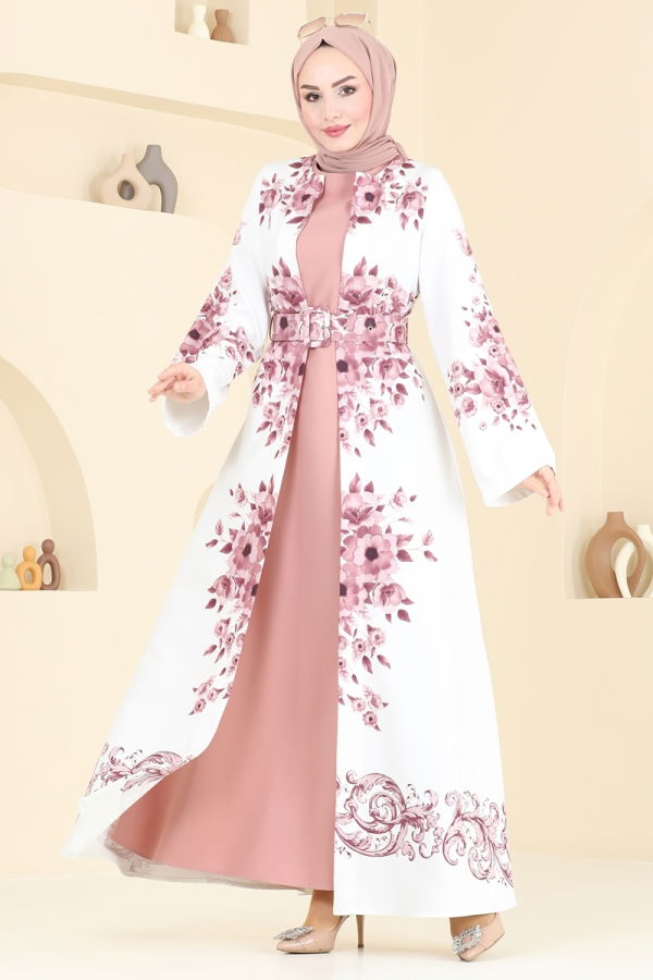 Modaselvim SUAL SUAL Çiçek Desenli Abaya Elbise 42127JNF844 Gül Kurusu