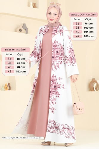 moda selvim SUAL Çiçek Desenli Abaya Elbise 42127JNF844 Gül Kurusu - Thumbnail