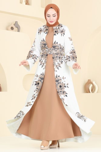 moda selvim SUAL Çiçek Desenli Abaya Elbise 42127JNF844 Latte - Thumbnail