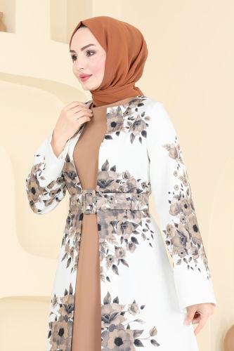 moda selvim SUAL Çiçek Desenli Abaya Elbise 42127JNF844 Latte - Thumbnail