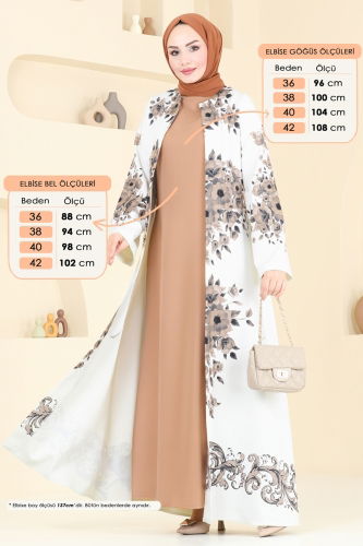 moda selvim SUAL Çiçek Desenli Abaya Elbise 42127JNF844 Latte - Thumbnail