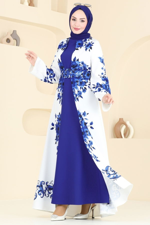 Modaselvim SUAL SUAL Çiçek Desenli Abaya Elbise 42127JNF844 Saks