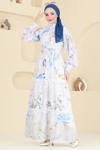 moda selvim SUAL Dantel Detay Elbise 2407JNF844 Ekru - Thumbnail