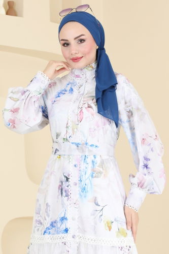 moda selvim SUAL Dantel Detay Elbise 2407JNF844 Ekru - Thumbnail