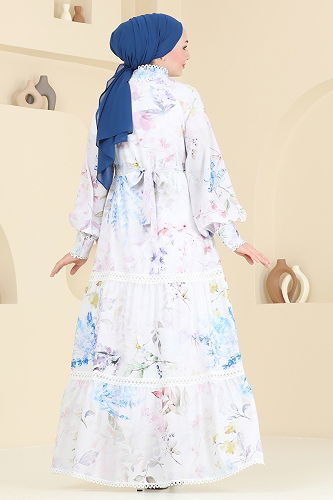 moda selvim SUAL Dantel Detay Elbise 2407JNF844 Ekru - Thumbnail