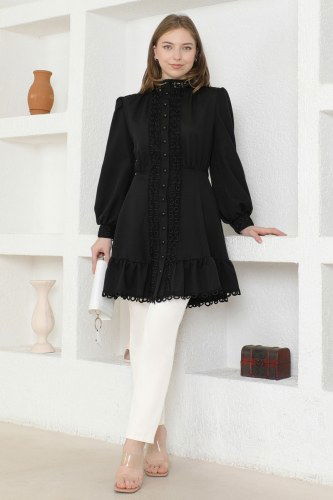 moda selvim SUAL Dantel Detaylı Dabıl Tunik 22459JNF844 Siyah - Thumbnail