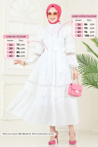 moda selvim SUAL Dantel Detaylı Kemerli Elbise 23178JNF844 Ekru - Thumbnail
