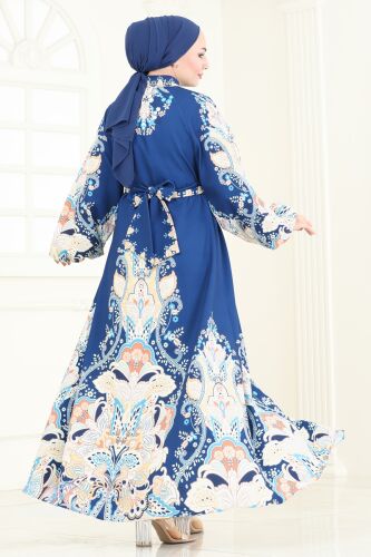 moda selvim SUAL Desenli Atlas Elbise 4278JNF844 Laci - Thumbnail