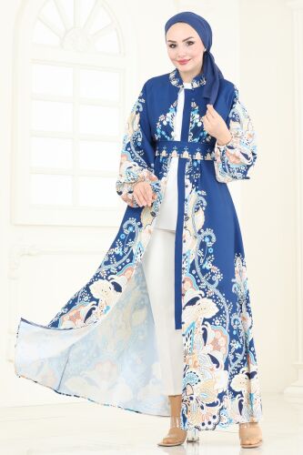 moda selvim SUAL Desenli Atlas Elbise 4278JNF844 Laci - Thumbnail