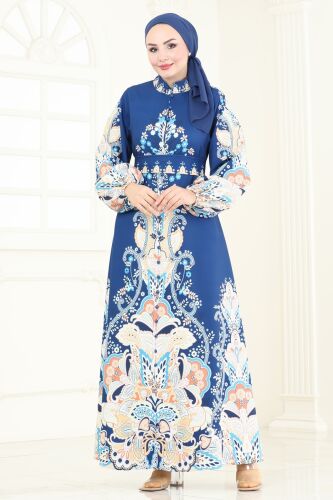 moda selvim SUAL Desenli Atlas Elbise 4278JNF844 Laci - Thumbnail