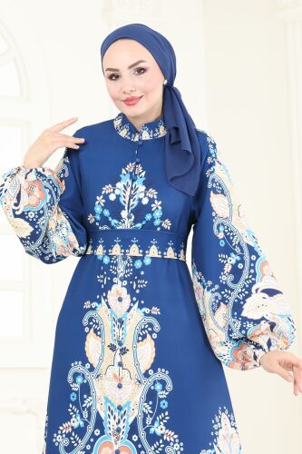 moda selvim SUAL Desenli Atlas Elbise 4278JNF844 Laci - Thumbnail