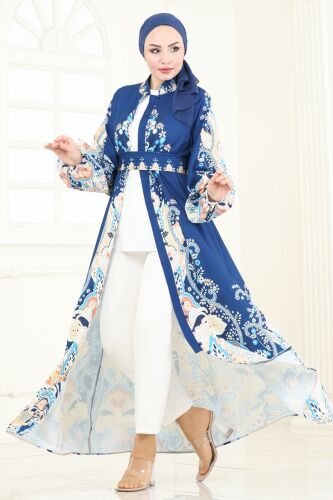 moda selvim SUAL Desenli Atlas Elbise 4278JNF844 Laci - Thumbnail