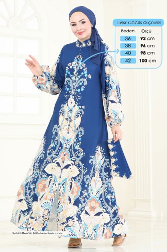 moda selvim SUAL Desenli Atlas Elbise 4278JNF844 Laci - Thumbnail