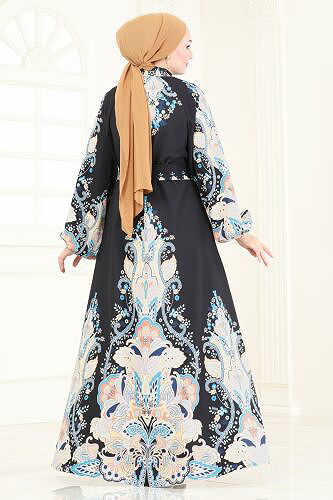 moda selvim SUAL Desenli Atlas Elbise 4278JNF844 Siyah - Thumbnail