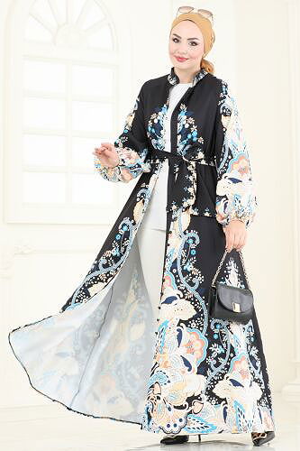 moda selvim SUAL Desenli Atlas Elbise 4278JNF844 Siyah - Thumbnail