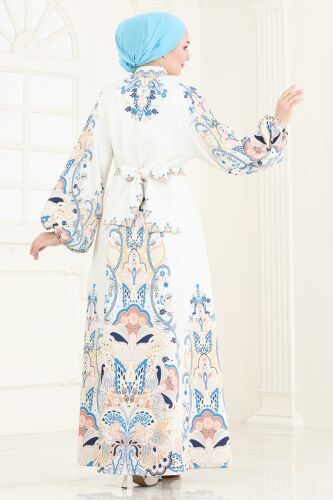 moda selvim SUAL Desenli Atlas Elbise 4278JNF844 Taş - Thumbnail