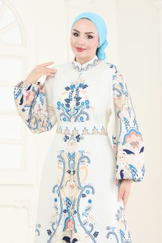 moda selvim SUAL Desenli Atlas Elbise 4278JNF844 Taş - Thumbnail