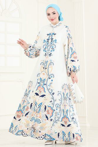 moda selvim SUAL Desenli Atlas Elbise 4278JNF844 Taş - Thumbnail