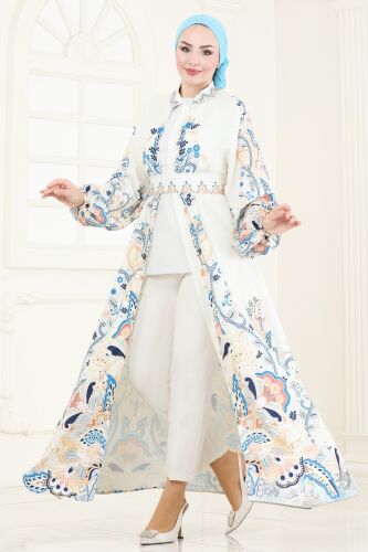 moda selvim SUAL Desenli Atlas Elbise 4278JNF844 Taş - Thumbnail