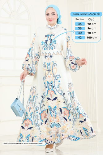 moda selvim SUAL Desenli Atlas Elbise 4278JNF844 Taş - Thumbnail