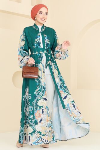 moda selvim SUAL Desenli Atlas Elbise 4278JNF844 Zümrüt - Thumbnail