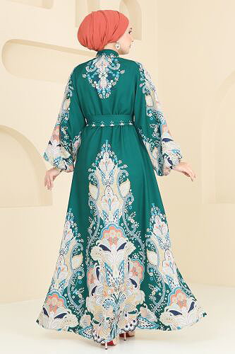 moda selvim SUAL Desenli Atlas Elbise 4278JNF844 Zümrüt - Thumbnail