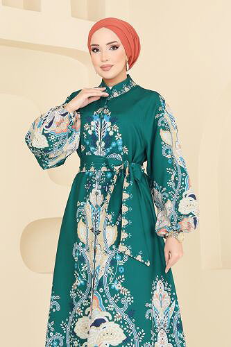 moda selvim SUAL Desenli Atlas Elbise 4278JNF844 Zümrüt - Thumbnail
