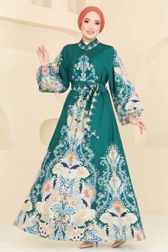 moda selvim SUAL Desenli Atlas Elbise 4278JNF844 Zümrüt - Thumbnail