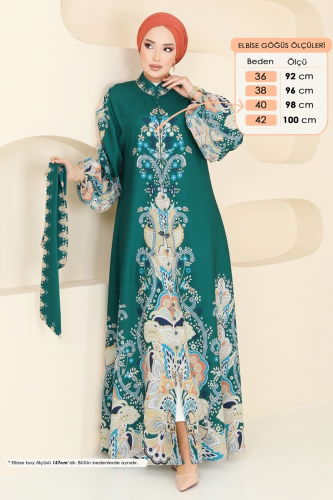 moda selvim SUAL Desenli Atlas Elbise 4278JNF844 Zümrüt - Thumbnail