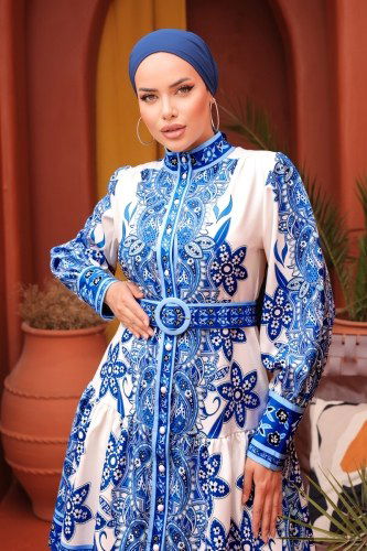 moda selvim SUAL Desenli Atlas Tunik 4225JNF844 Mavi - Thumbnail