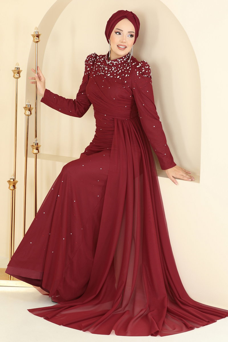 SUAL Drape Detay Taşlı Şık Abiye 5430D170 Bordo