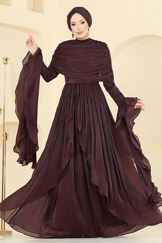 moda selvim SUAL Drape Detaylı Fırfırlı Abiye 5398DMNK1166 Kahve - Thumbnail