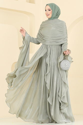 moda selvim SUAL Drape Detaylı Fırfırlı Abiye 5398DMNK1166 Mint - Thumbnail