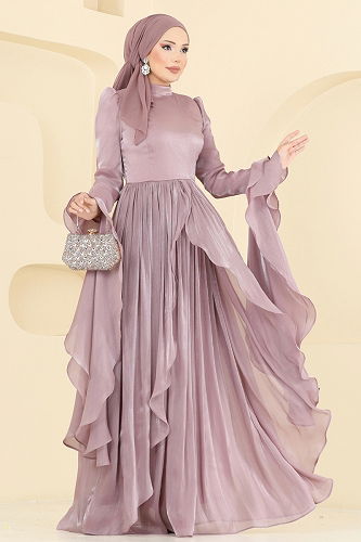 moda selvim SUAL Drape Detaylı Fırfırlı Abiye 5398DMNK1166 Pudra - Thumbnail