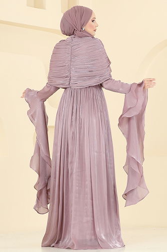 moda selvim SUAL Drape Detaylı Fırfırlı Abiye 5398DMNK1166 Pudra - Thumbnail